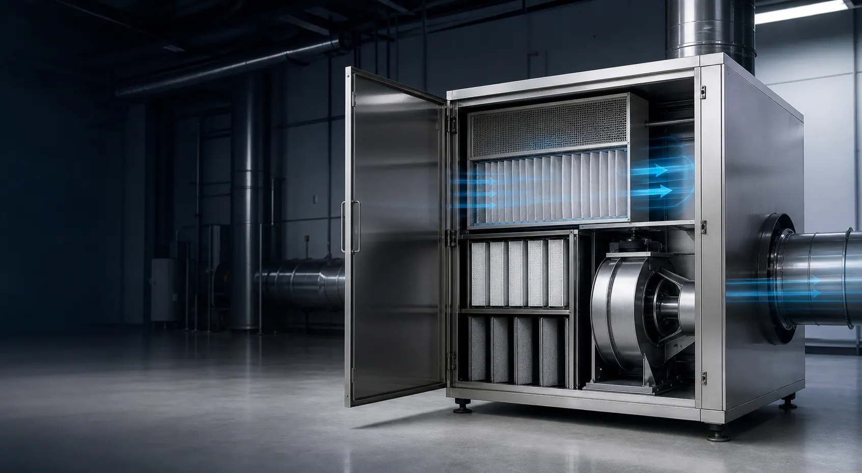 Gabinetes para filtros de aire HVAC Gabinete industrial integrado a un sistema de ductos HVAC