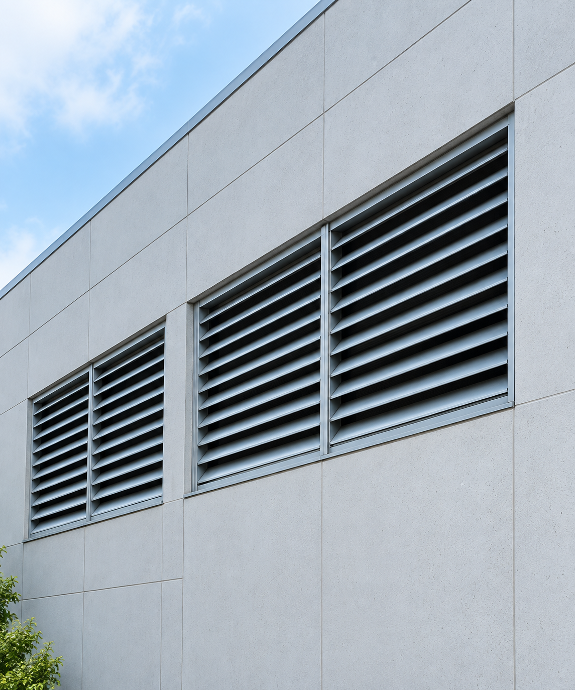Fachada industrial con celosías de ventilación